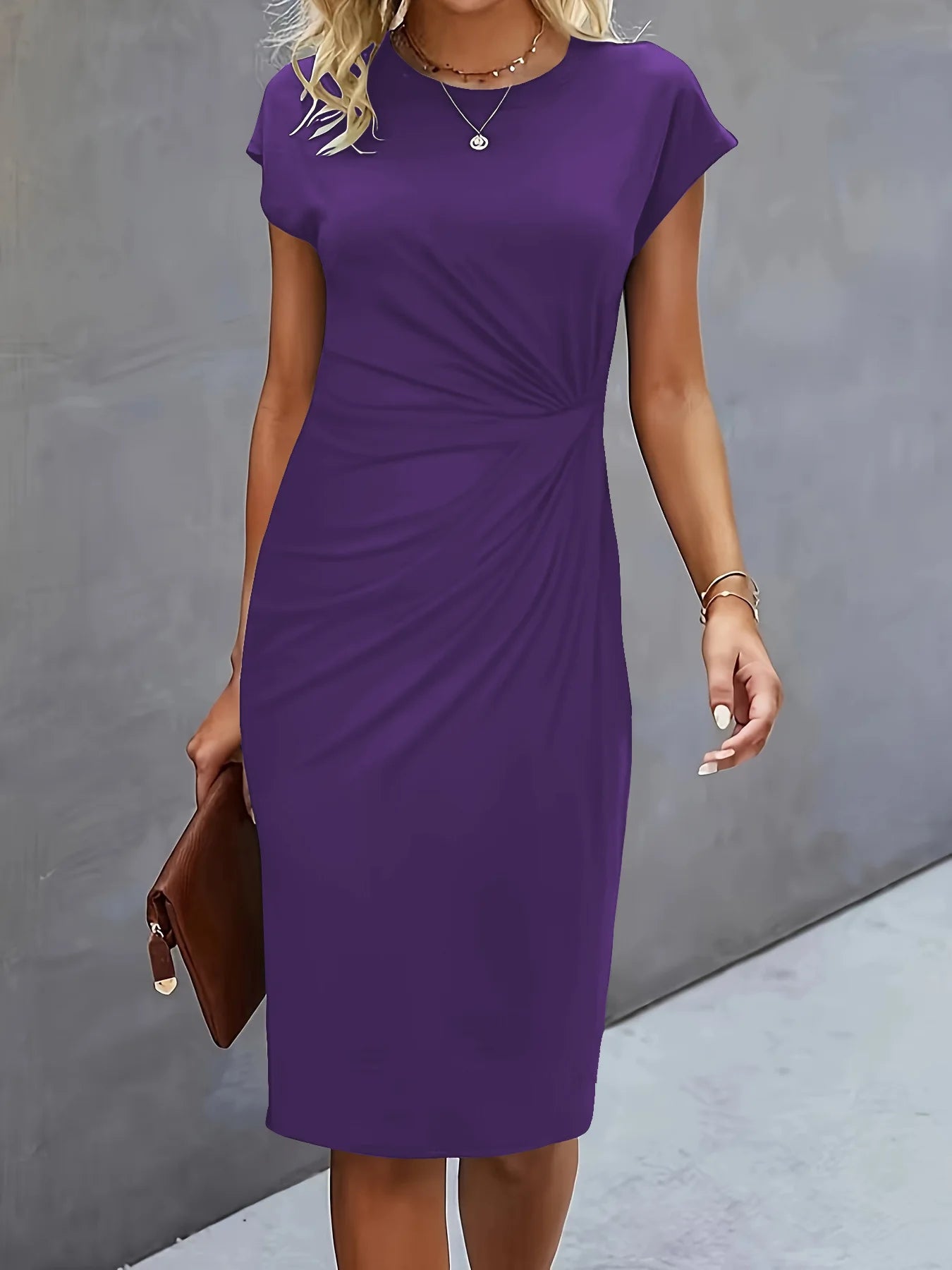 Women's casual dress tight dress front knot round neck medium-long dress fashion basic daily wear