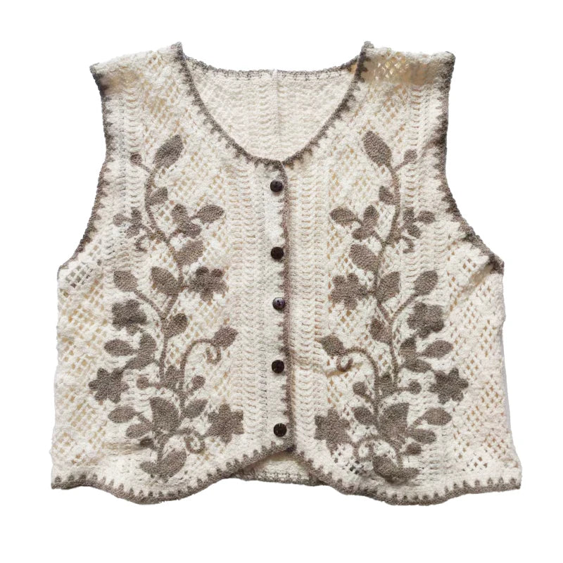 Flower Embroidery Crochet Waistcoat Top Sleeveless Button Front Vest Cardigan Women Spring Summer Vintage Fairycore Cottagecore