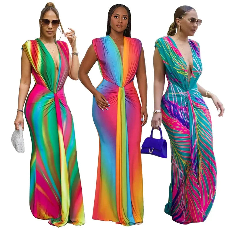 Elegant and Fashionable Dinner Party Dress Women's Sleeveless Colorful Print Sexy Deep V Slim Fit Long Dress