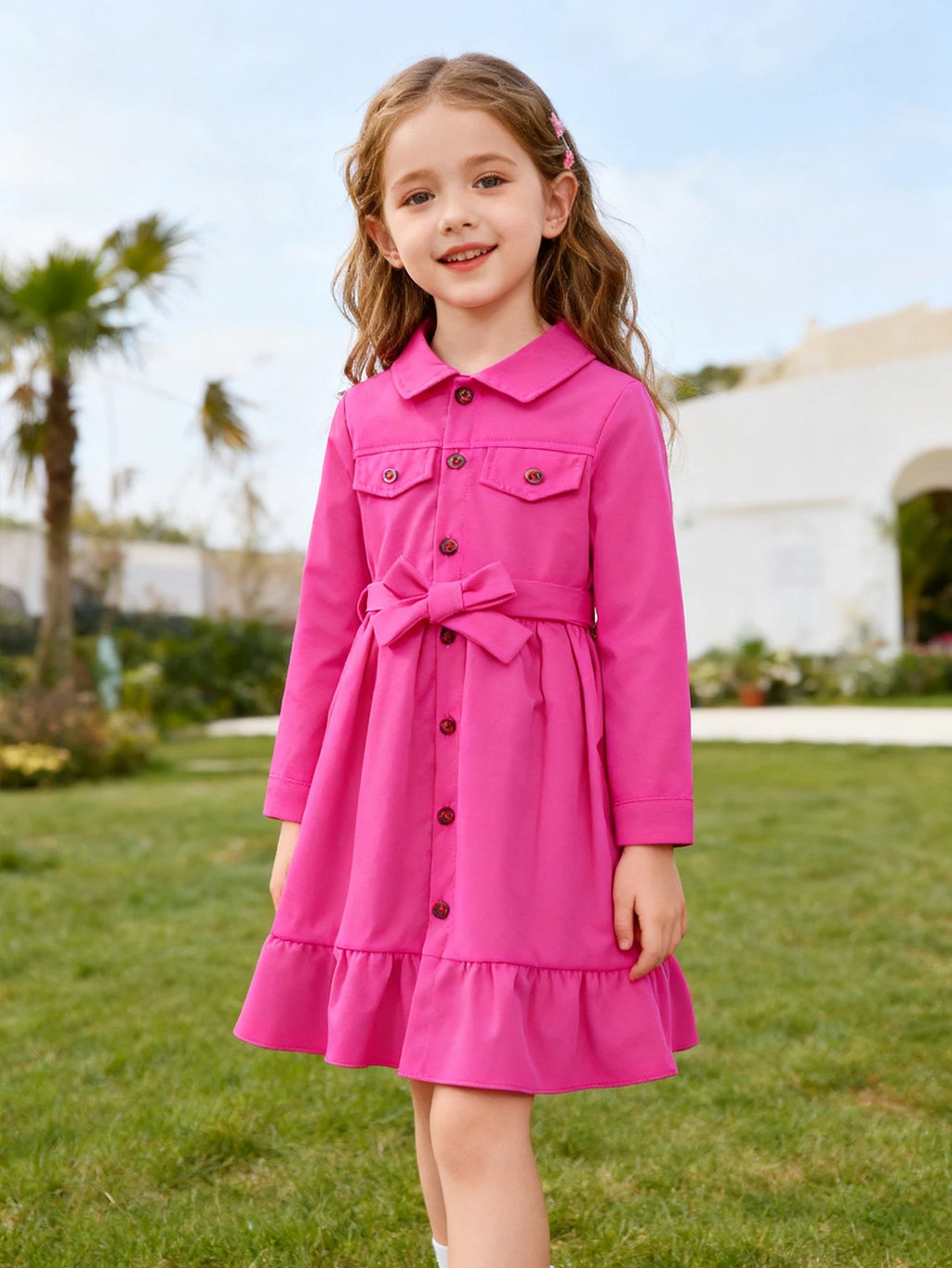 A New Fashionable Dress For Girls In Autumn And Winter A Two-Piece Set Of Rose-Red Workwear Long-Sleeved Dress With A Belt