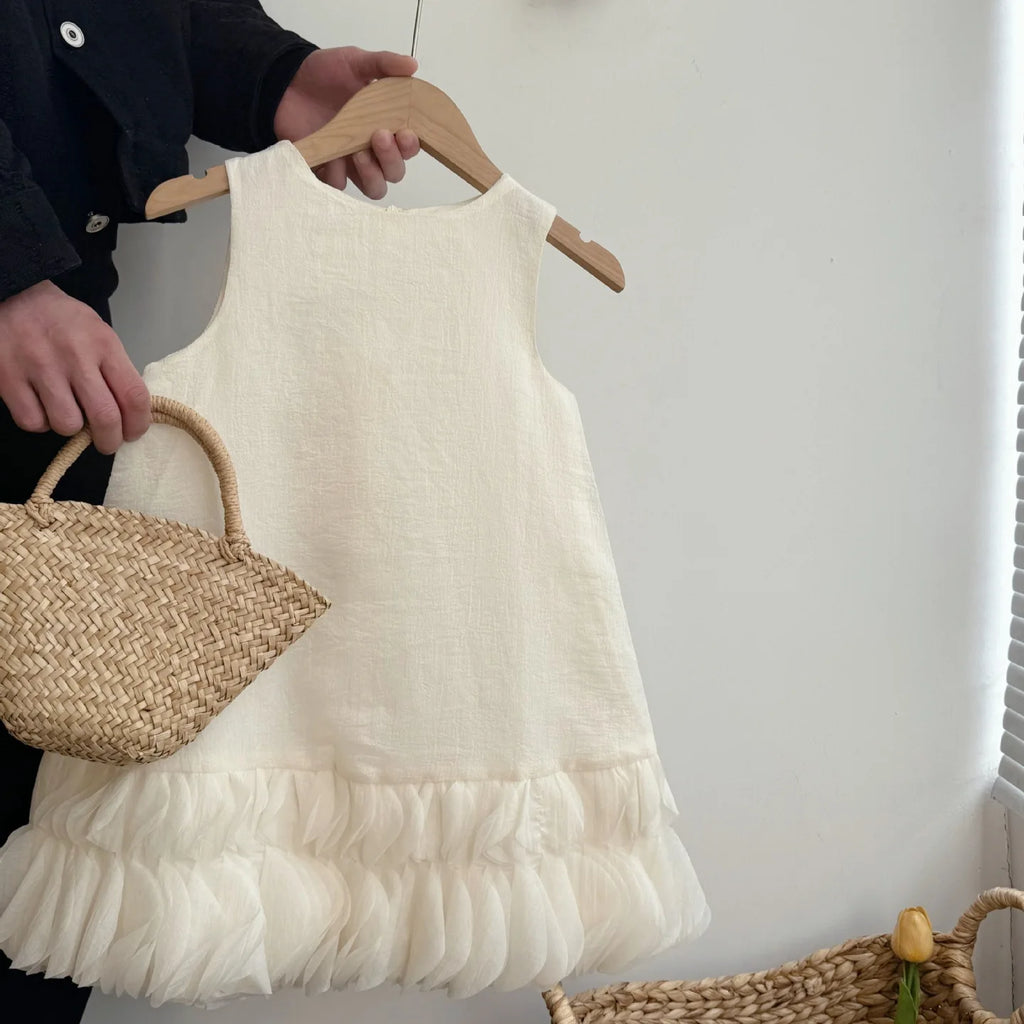 Girls Sleeveless Dress 2025 Spring and Summer New Korean Fashion Solid Color Mesh Flower Bud Princess Jumper Skirt