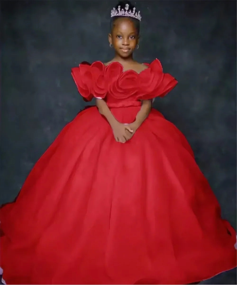 Custom JDY Kids' Birthday Dress Custom Flower Girl Dress Off-Shoulder Ruffled Tiered Tulle Ball Gown Wedding
