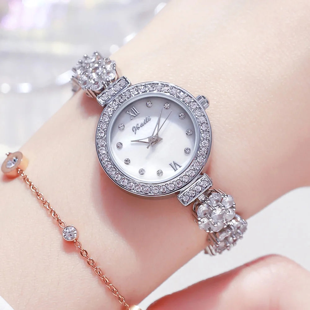 Personalized temperament round diamond silver four flower jade round diamond pearl rosegold strap luminous women quartz watch