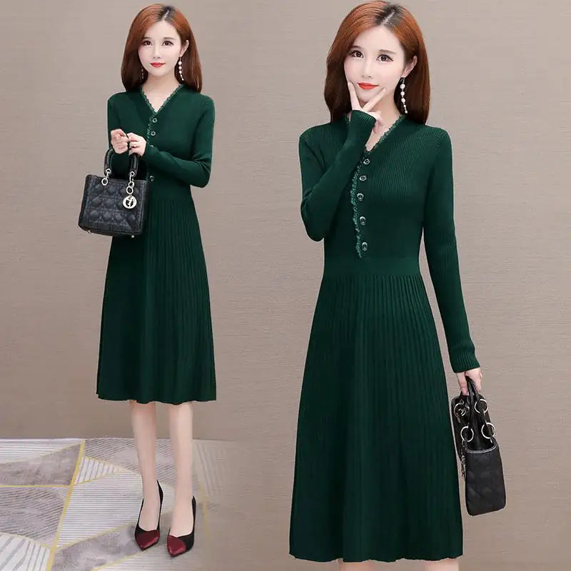 Fashion Ruffled Neck Button Folds Midi Dress Women's Clothing 2023 Autumn Winter Loose Elegant Office Lady Knitted Dress