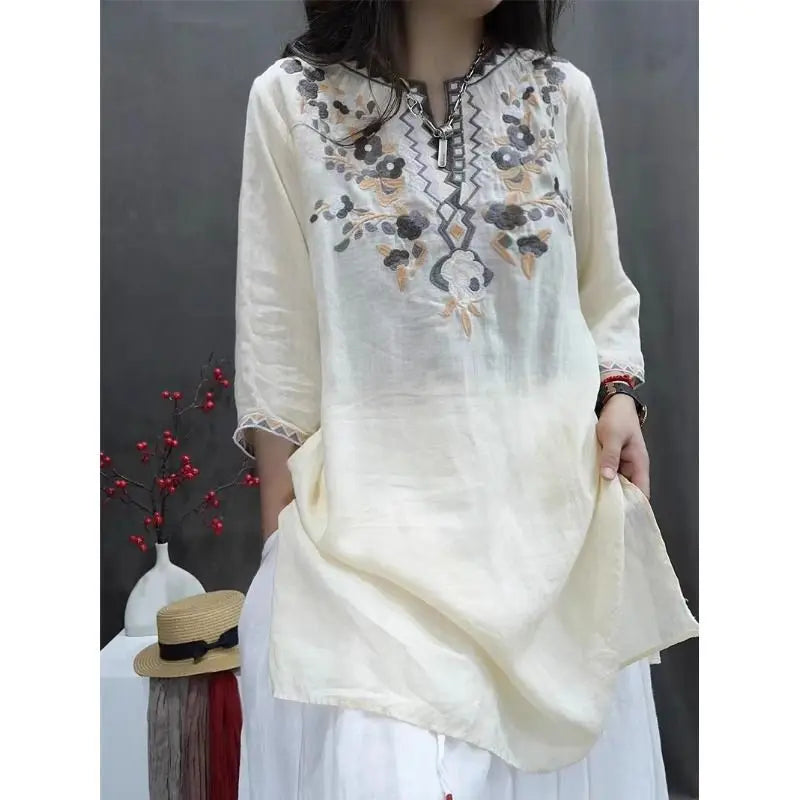 Summer Heavy Industry Women's Vintage Embroidered Medium-length Loose Cotton and Linen Stylish Casual Pullover Top