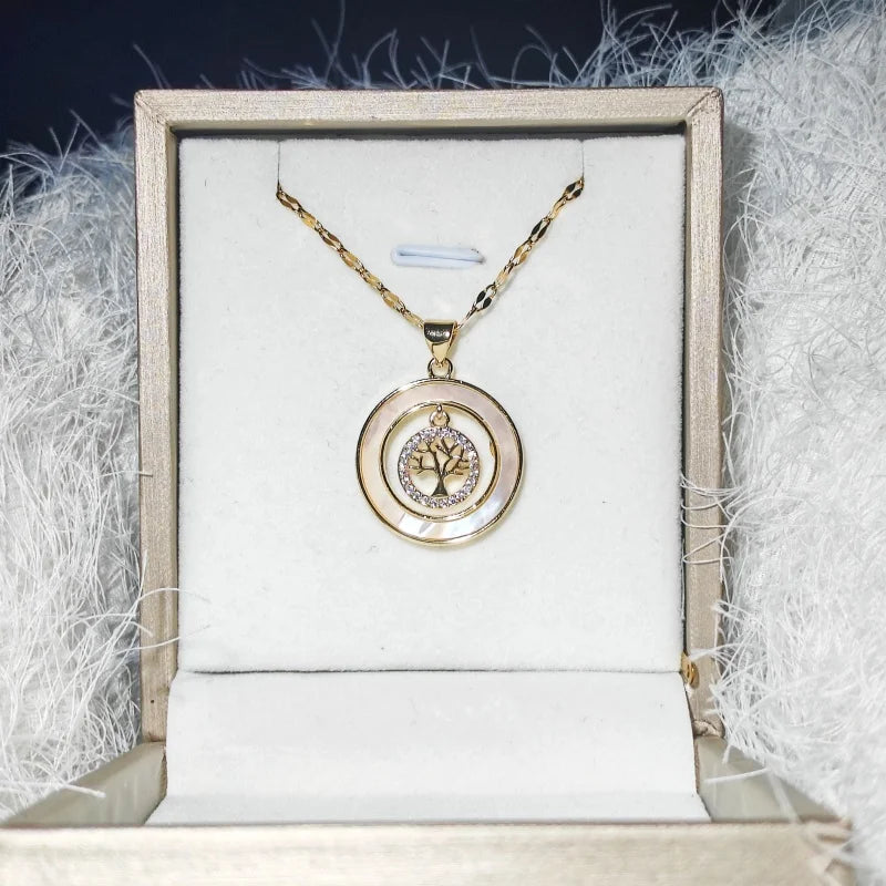 Gorgeous Necklace for Women with Copper Micro-inlaid Zircon, Seashell, Sunburst and Tree of Life Details