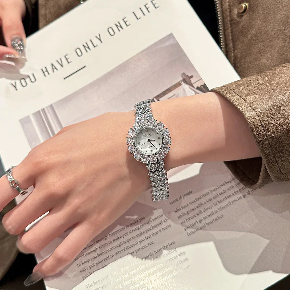 Quartz crystal bracelet watch for women, luxury diamond sparkle, women's watches, gold bracelet, fashion