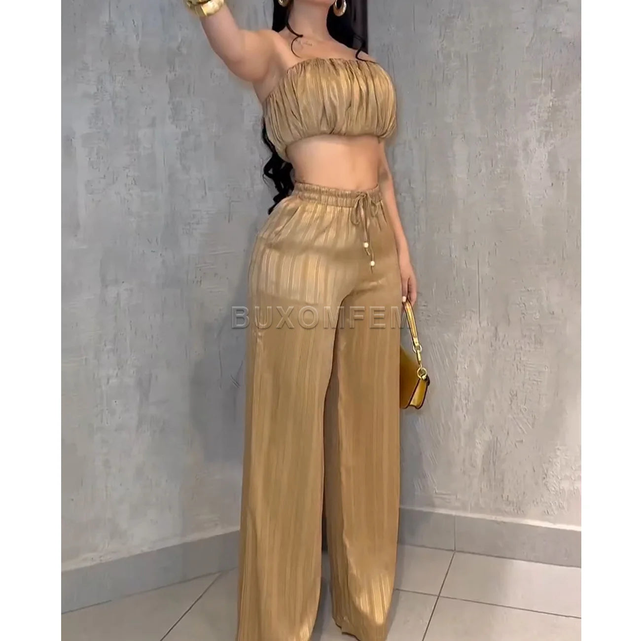 Bright Strapless Wide Leg Slim Fit Two-Piece Set High Quality Female Jumpsuits Outwear Ladies' Stylish Tops & Pants Clothings