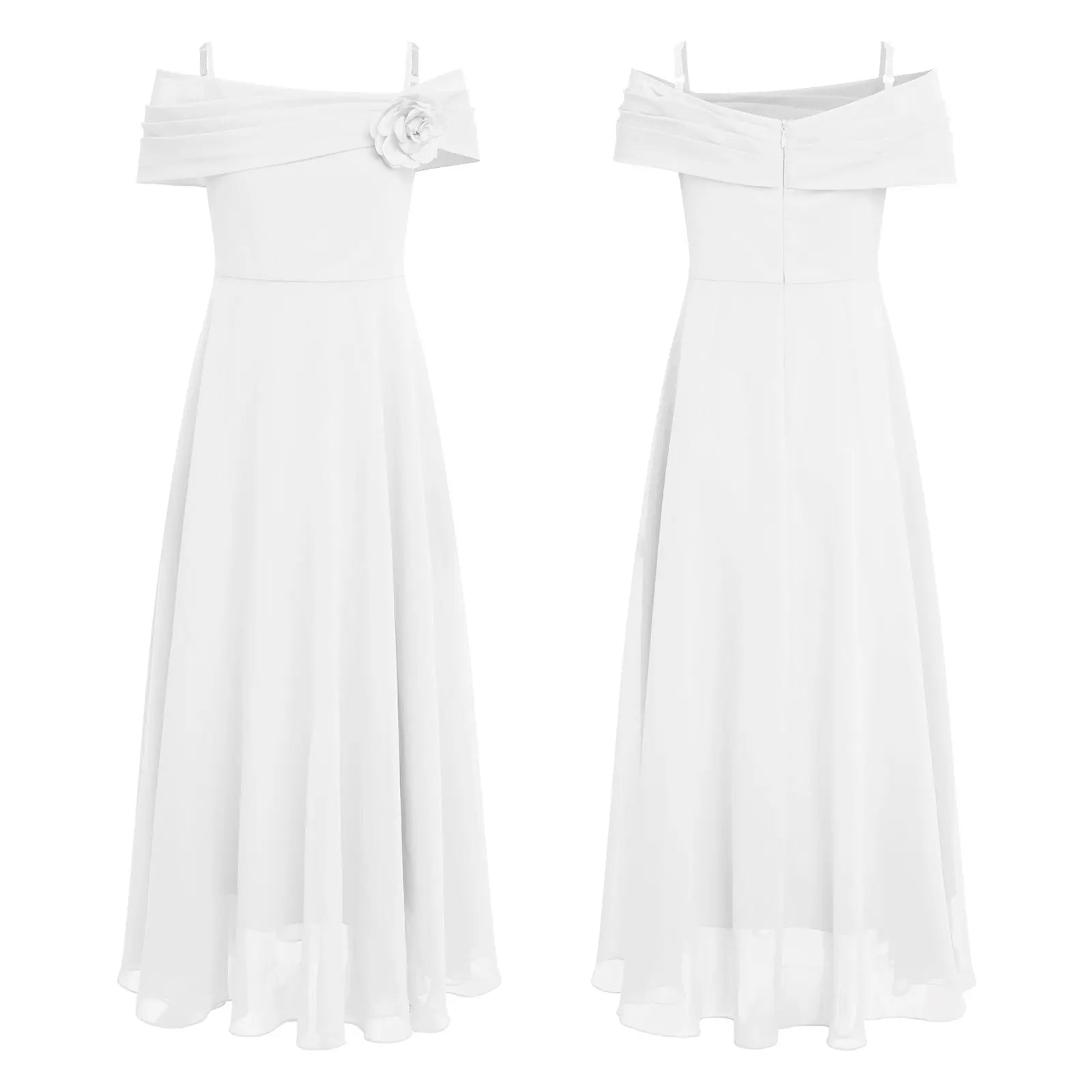 Kids Girls Elegant Party Dress Wedding Bridesmaid Birthday Prom Gown Off Shoulder Ruched 3D Flower Applique Chiffon Maxi Dresses