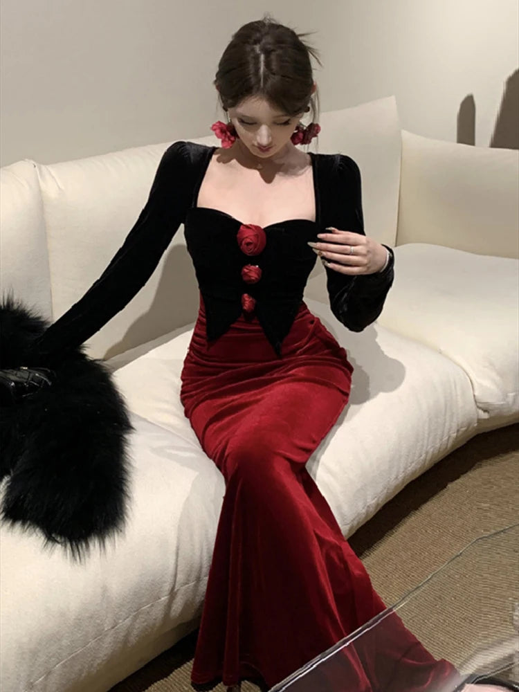 Autumn Winter Dresses Women Elegant Sexy Square Collar Slim Long Sleeve Vintage Velvet Dress Female French Style Chic