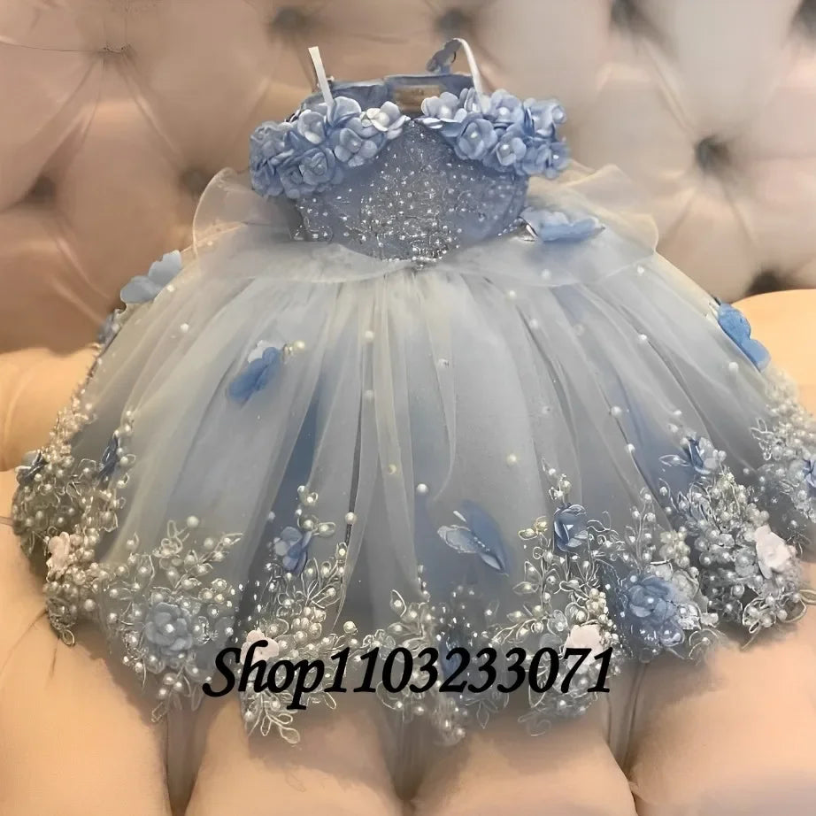 Customized Pink Flower Girl Dress Lace Off Shoulder Pearls Butterflies Organza Baby Girl Birthday Party First Communion Dress
