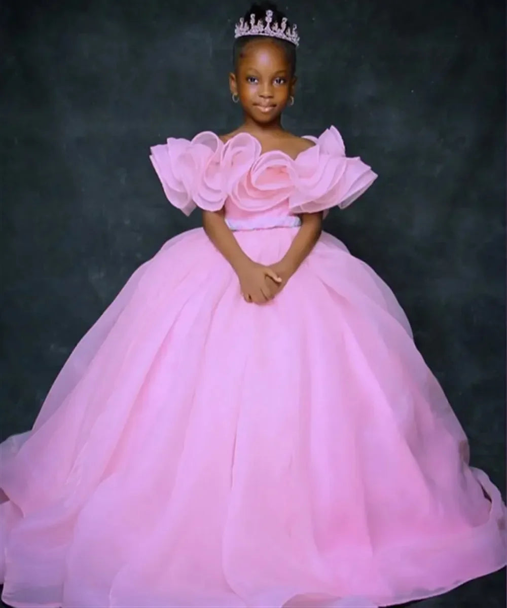 Custom JDY Kids' Birthday Dress Custom Flower Girl Dress Off-Shoulder Ruffled Tiered Tulle Ball Gown Wedding