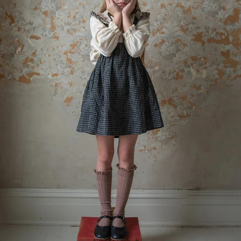 Retro Black Plaid Girls Pinafore Dress 2025 Summer New Children's Cotton Casual Loose Adjustable Straps Dresses TZ288