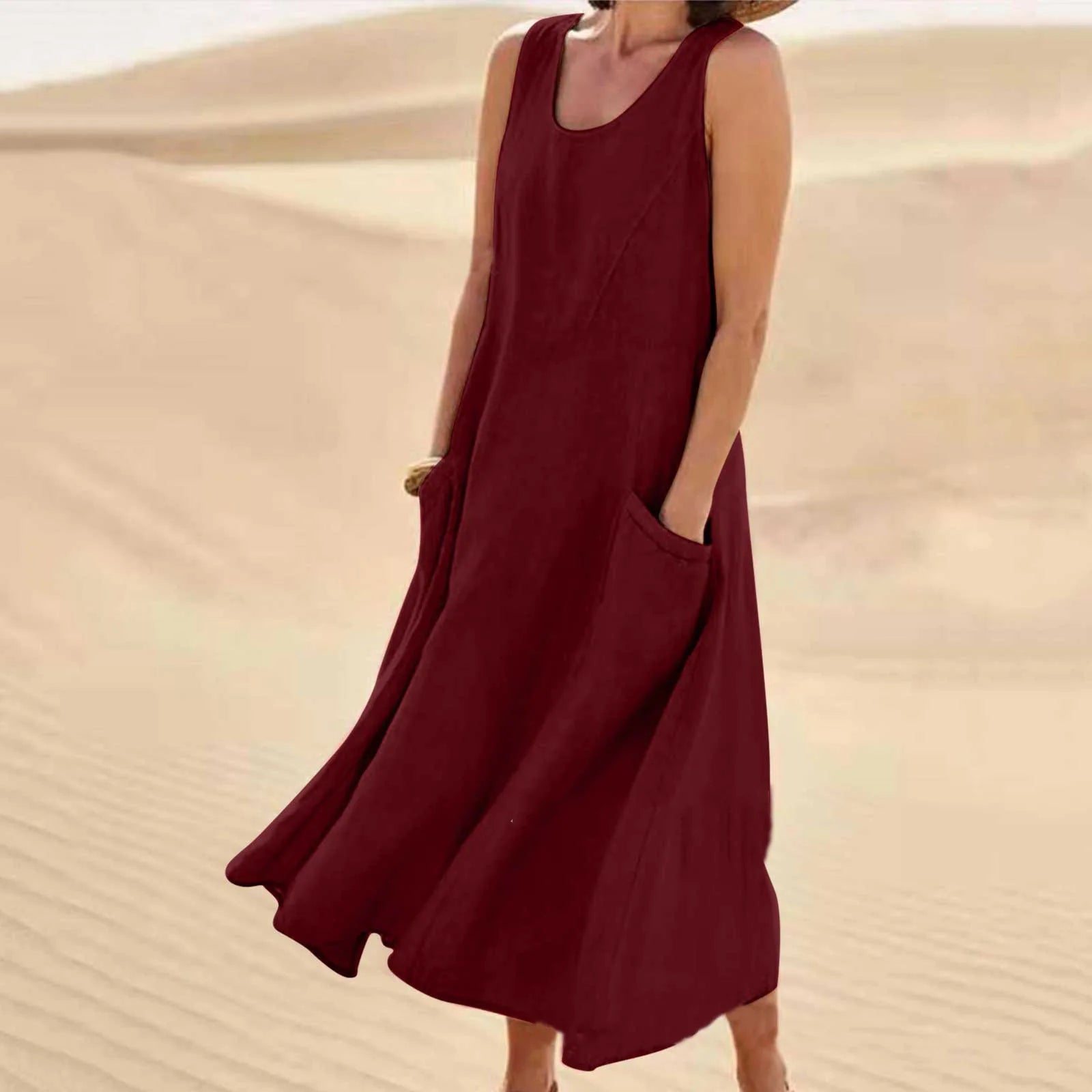 Women Coton Linen Sundress Summer Female Sleeveless Double Big Pocket Loose Sand Beachwear Long Dress Oversized S-5XL LRFZ-818