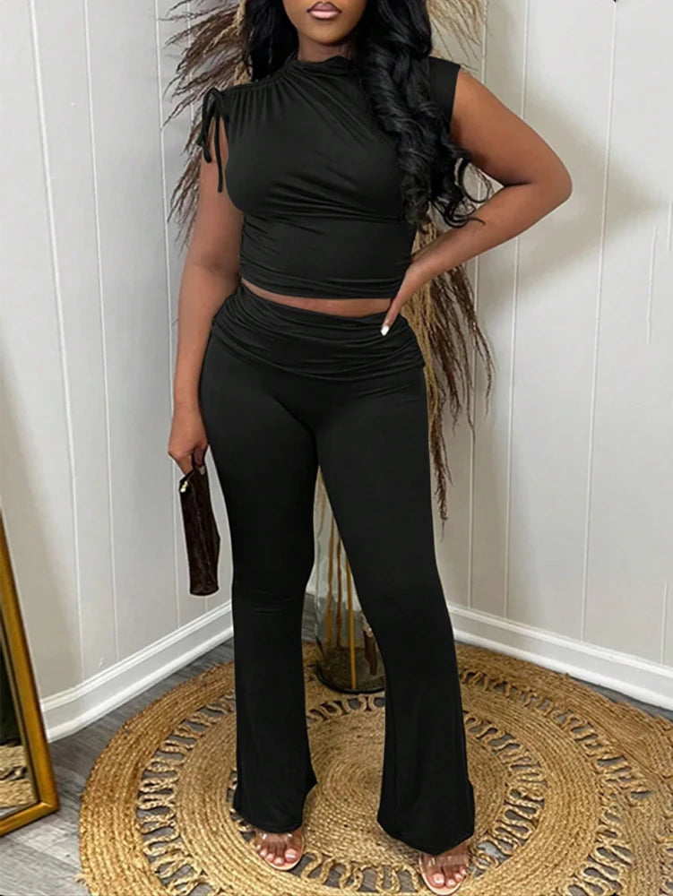 2025 New Arrival Women's Black Casual Solid-Colour Drawstring Tank Top & Flared Trousers Tight-Fitting Set Fashionable & Everyda