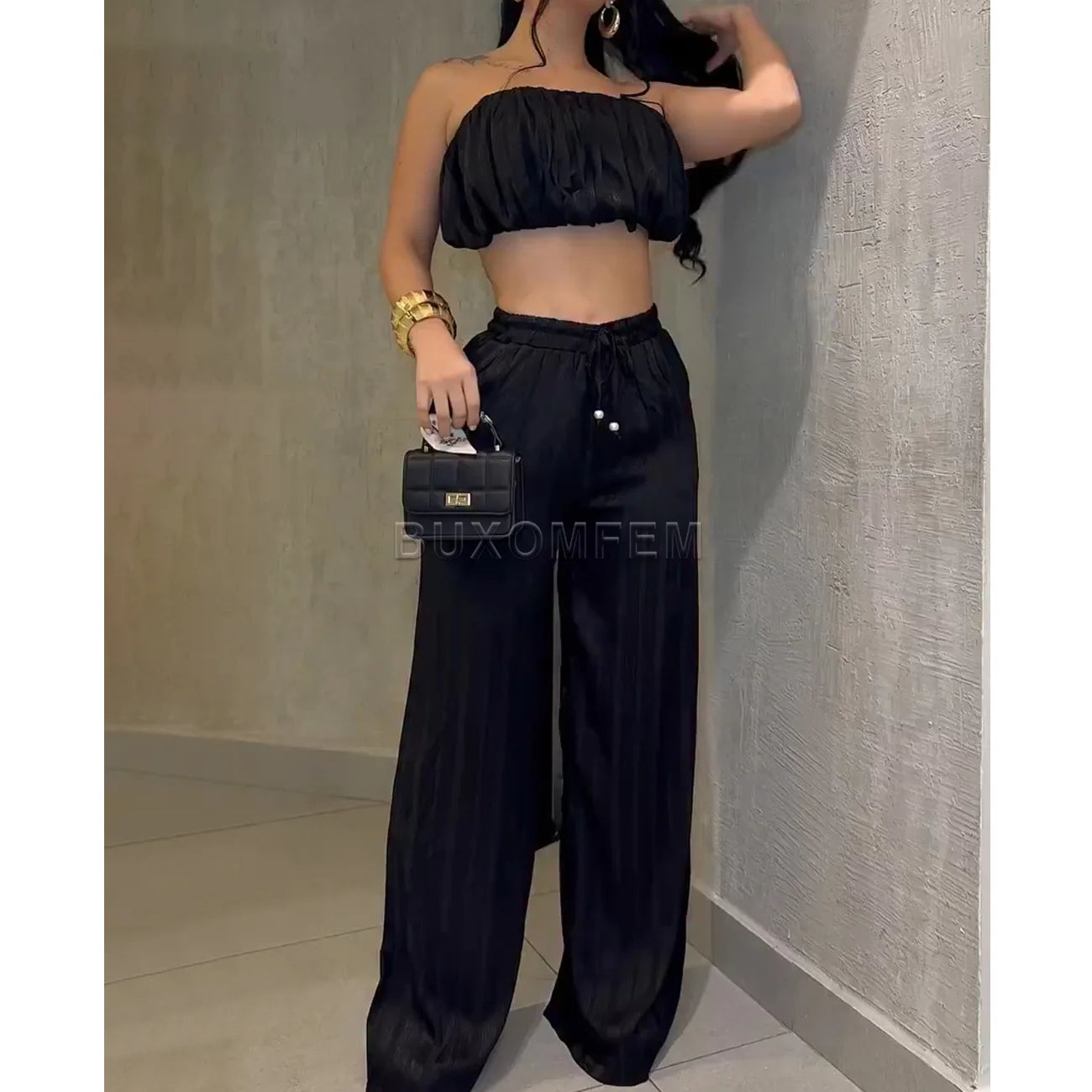 Bright Strapless Wide Leg Slim Fit Two-Piece Set High Quality Female Jumpsuits Outwear Ladies' Stylish Tops & Pants Clothings