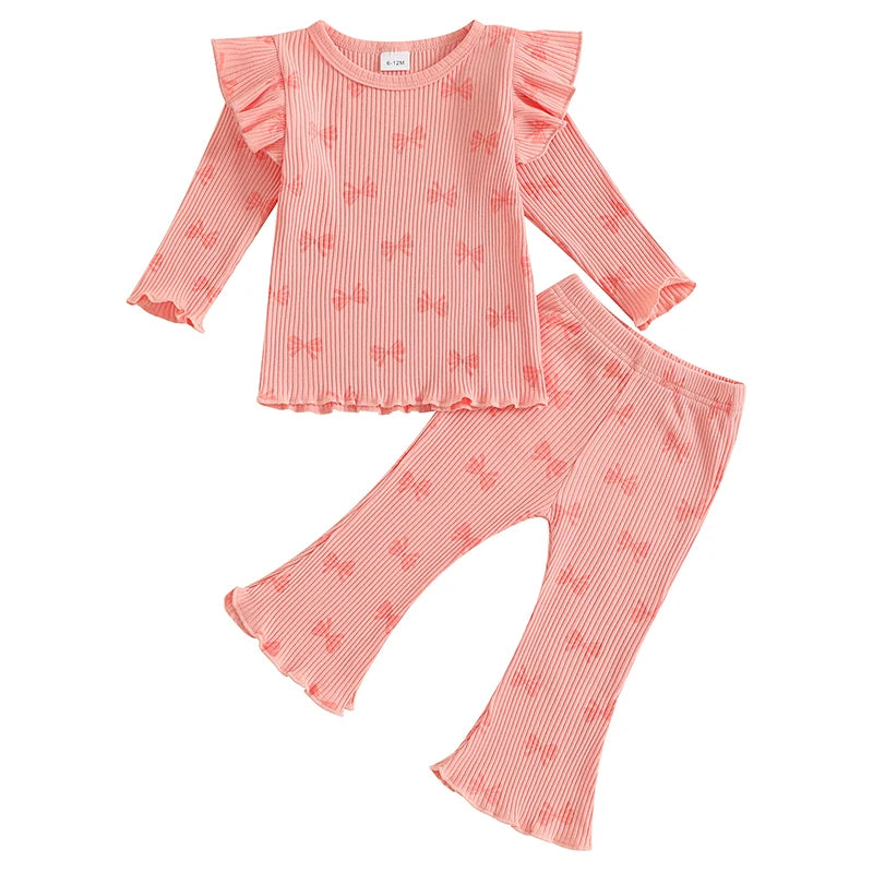 Pudcoco Kid Infant Baby Girls Pants Set, Bow Print Long Sleeve Crew Neck T-shirt with Flare Pants Fall Outfit 6M-4T