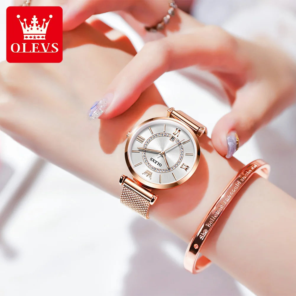 OLEVS 6892 Women's Watches Elegant Fashion Original Wristwatch Waterproof Stainless Steel Mesh Belt Luminous Inlaid Zircon
