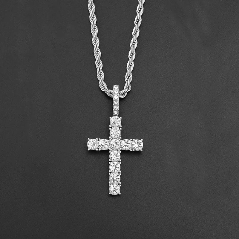 Iced Out Crystal Zircon Cross Pendant Necklace Silver Plated Twisted Chain Necklaces For Men Women
