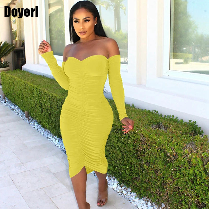 Sexy Ruched Bodycon Midi Dress for Women 2022 Elegant Long Sleeve Off Shoulder Bandage Party Dress Night Celebrity Club Dress