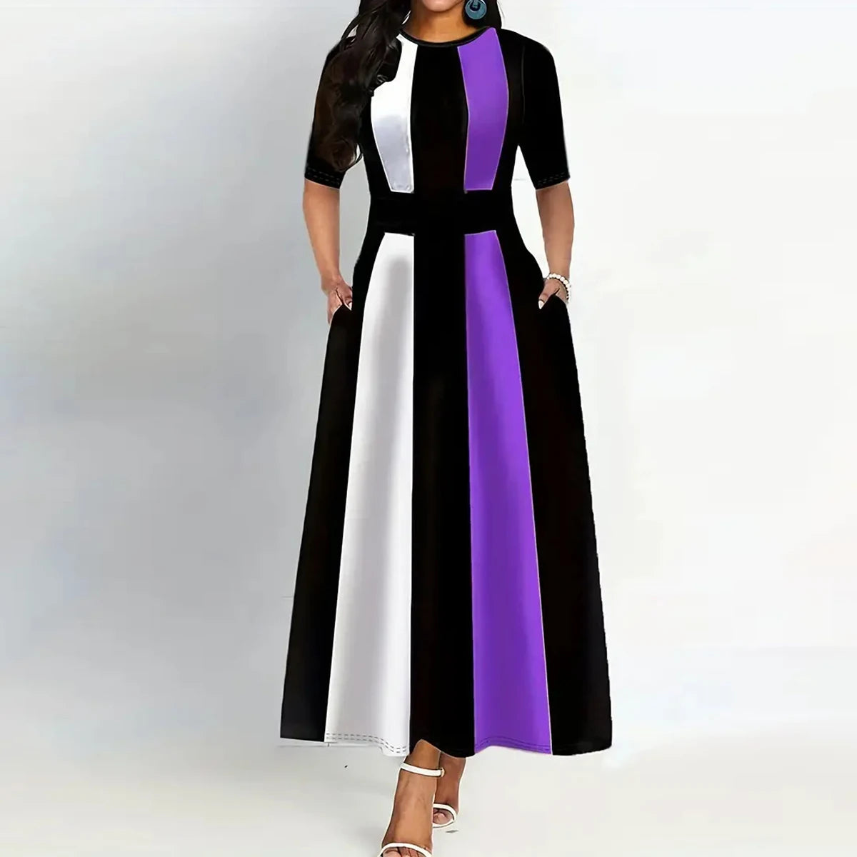 Color Block Crew Neck Dress, Vintage Short Sleeve Dress For Spring & Summer, Women's Clothing
