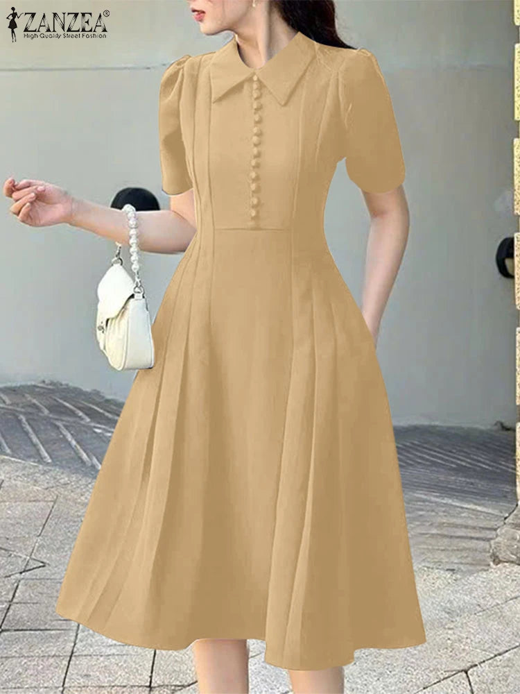 ZANZEA Elegant Women Pleated A-Line Dresses Summer Fashion Short Sleeve Fitted Waist Robes Femme Office Commuting Midi Vestidos