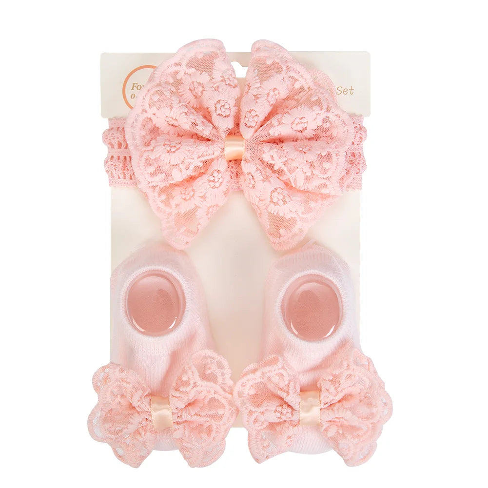 3Pcs/Set Cream Lace Baby Headbands&Socks Newborn Princess Girls Wide Rhinstone Pearl Eastic Hairbands Kids Headwear Photo Props