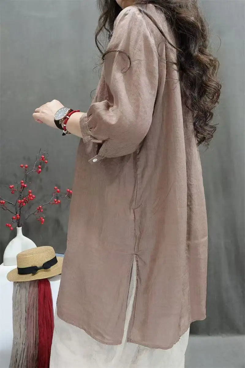Summer Heavy Industry Retro Embroidered Shirt Mid-length Loose Cotton and Linen Fashionable Shirt Casual Literary Pullover Top