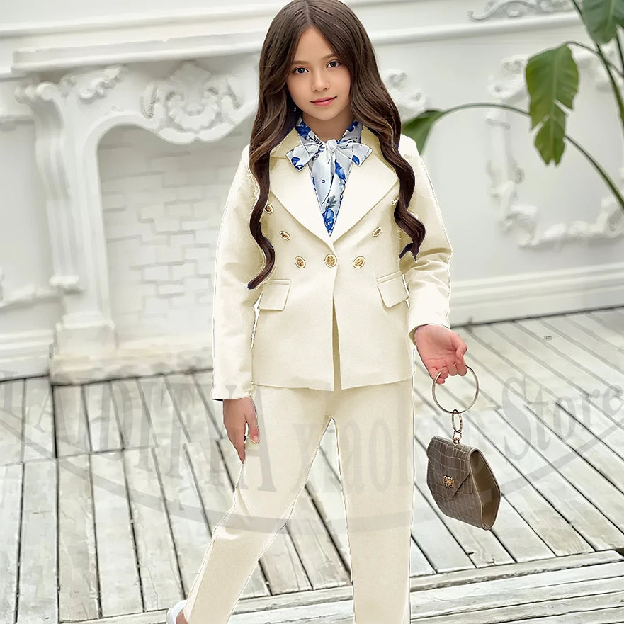 Girl Suits 2 Piece Elegant Daily Casual Fashion Kids Outfits Party Wedding Chic Double Breasted Notch Lapel Girl Clothes
