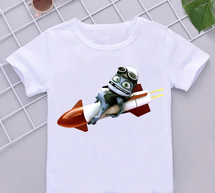 Funny Boys T-Shirts New Crazy Frog Anime Cartoon Print Children'S Tshirts Hip-Hop  Clothes White Short-Sleeved Shirt Tops
