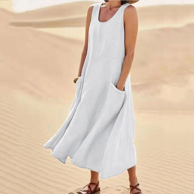 Women Coton Linen Sundress Summer Female Sleeveless Double Big Pocket Loose Sand Beachwear Long Dress Oversized S-5XL LRFZ-818