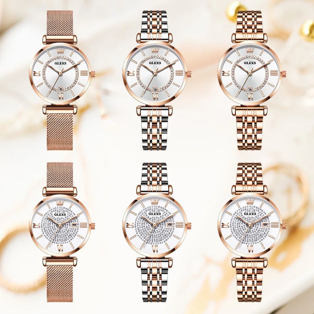 OLEVS 6892 Women's Watches Elegant Fashion Original Wristwatch Waterproof Stainless Steel Mesh Belt Luminous Inlaid Zircon