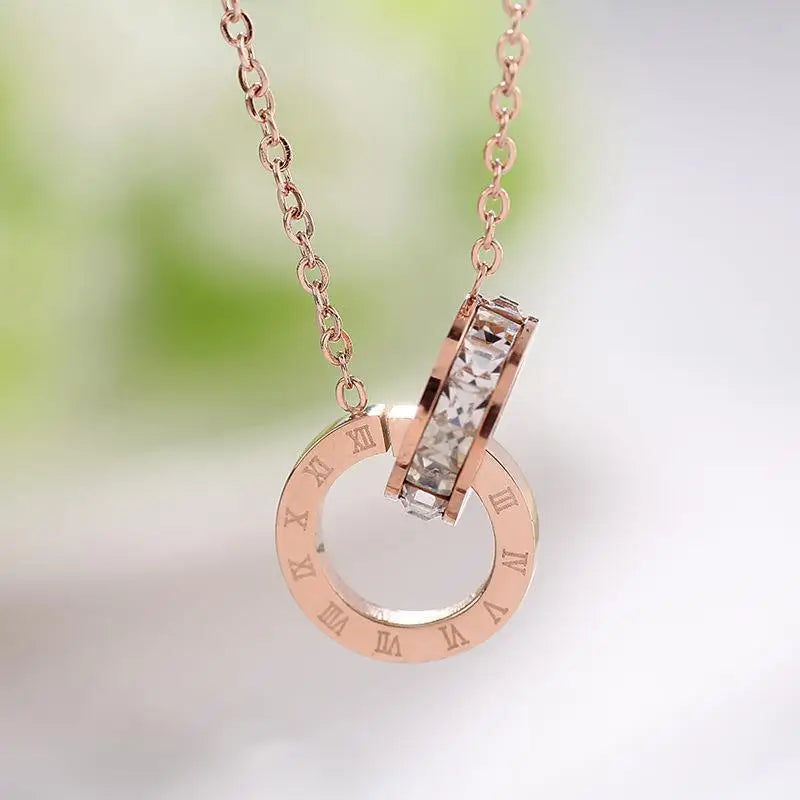 316L Stainless Steel Clavicle Chain CZ Crystal Double Circle Roman Numeral Pendant Necklace For Women Wedding Jewelry Gifts