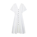 Elegant Single Breasted Long Dress Women White V-Neck Short Sleeve Female Party A-line Dresses 2025 Summer Lady Vacation Robes
