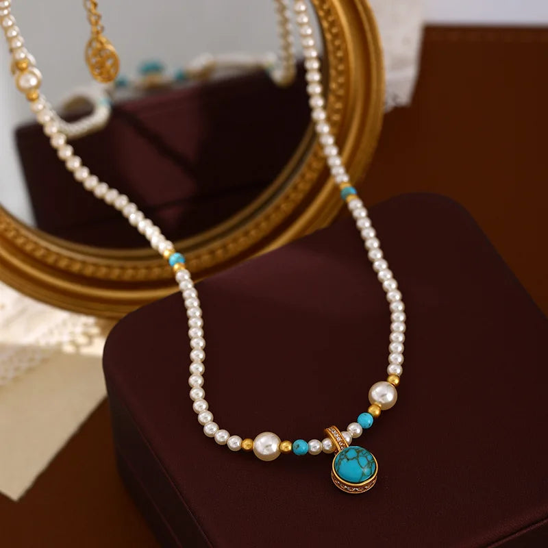 Modern Chinese Style Necklace 18K Gold Plated Turquoise Pendant with Pearl Beads Elegant Adjustable Collarbone Chain Jewelry