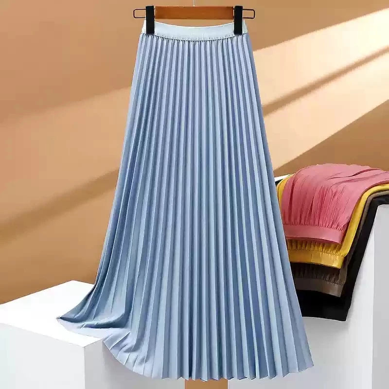 2024 Women Elegant Pleated Skirt High Waist Women Mid-long Skirt Female Ladies High Quality Women Midi Skirt Black Saia