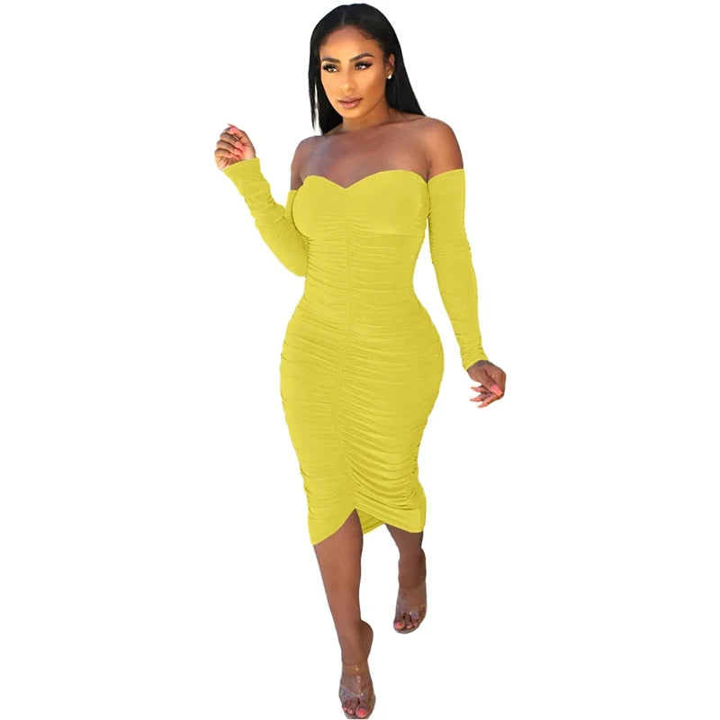 Sexy Ruched Bodycon Midi Dress for Women 2022 Elegant Long Sleeve Off Shoulder Bandage Party Dress Night Celebrity Club Dress