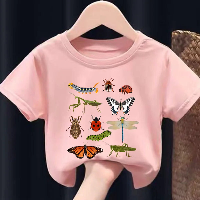 Short-sleeved T-shirt Insect Science Printing Summer New Casual Crew-neck Children's Wear Girls Clothes  Kids Clothes