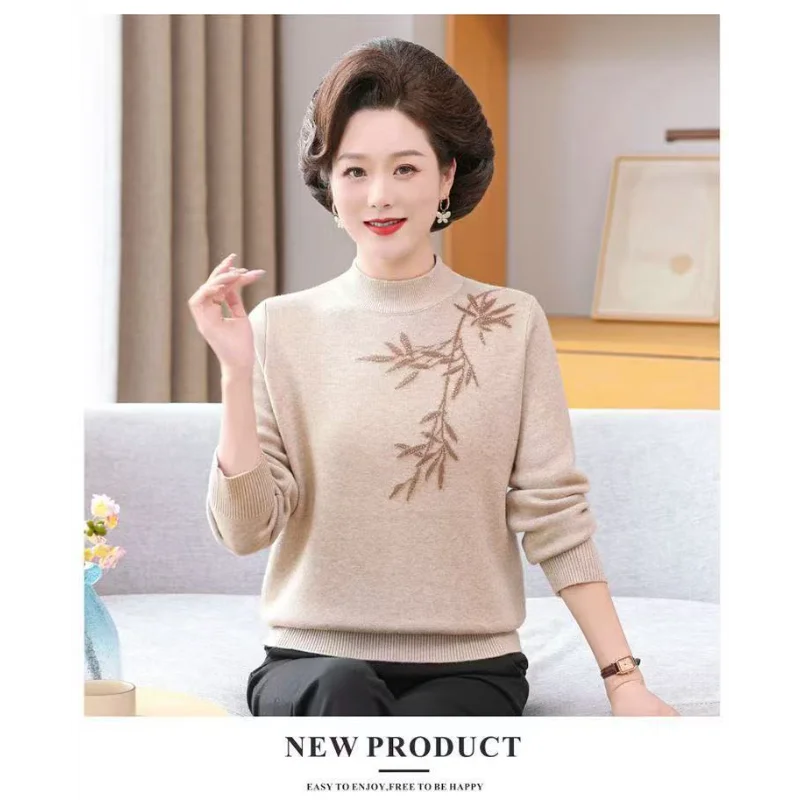 Winter Mother Dress Plus Velvet Thickened Sweater for Women Middle-aged Elderly Fashionable Knitted Base Top