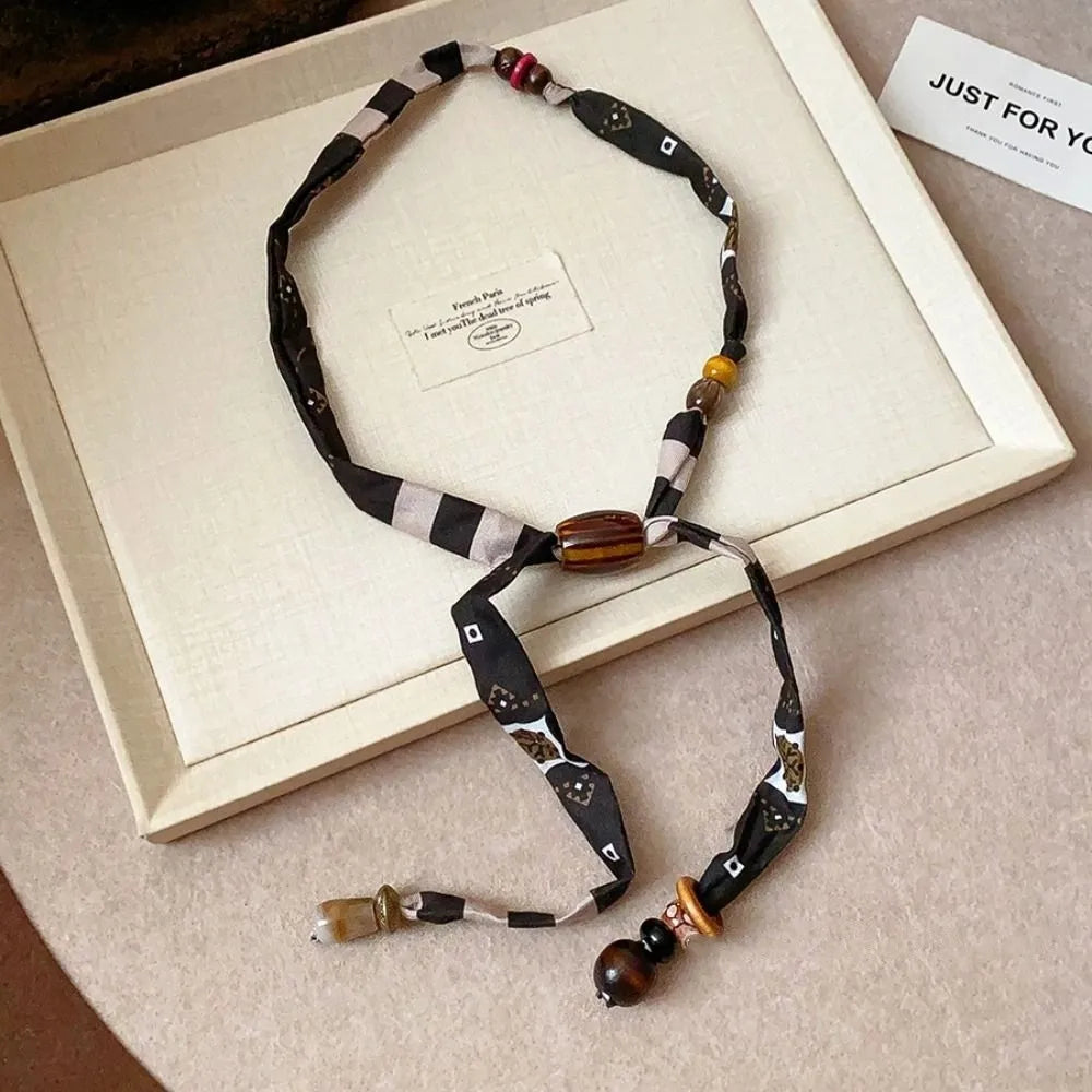 Strip Cloth Chain Necklace Clavicle Chain Multicolor Wood Bead Necklace Ethnic Style Jewelry Accessories Bohemian Choker Gift