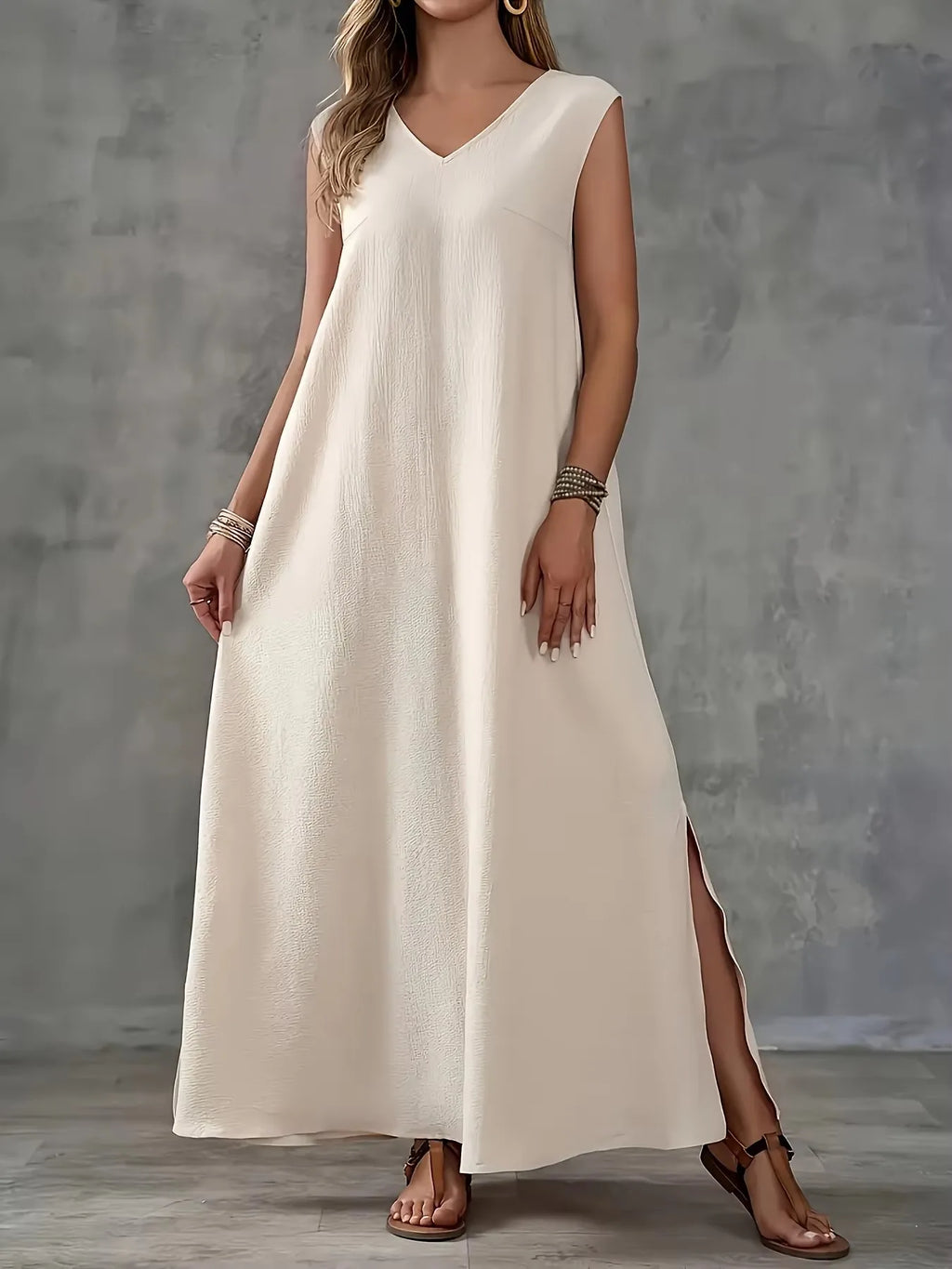[Elegant Sleeveless Dress] White Polyester Elegant V-Neck Sleeveless Maxi Dress for Women | Split Front, Tassel Detail, Perfect