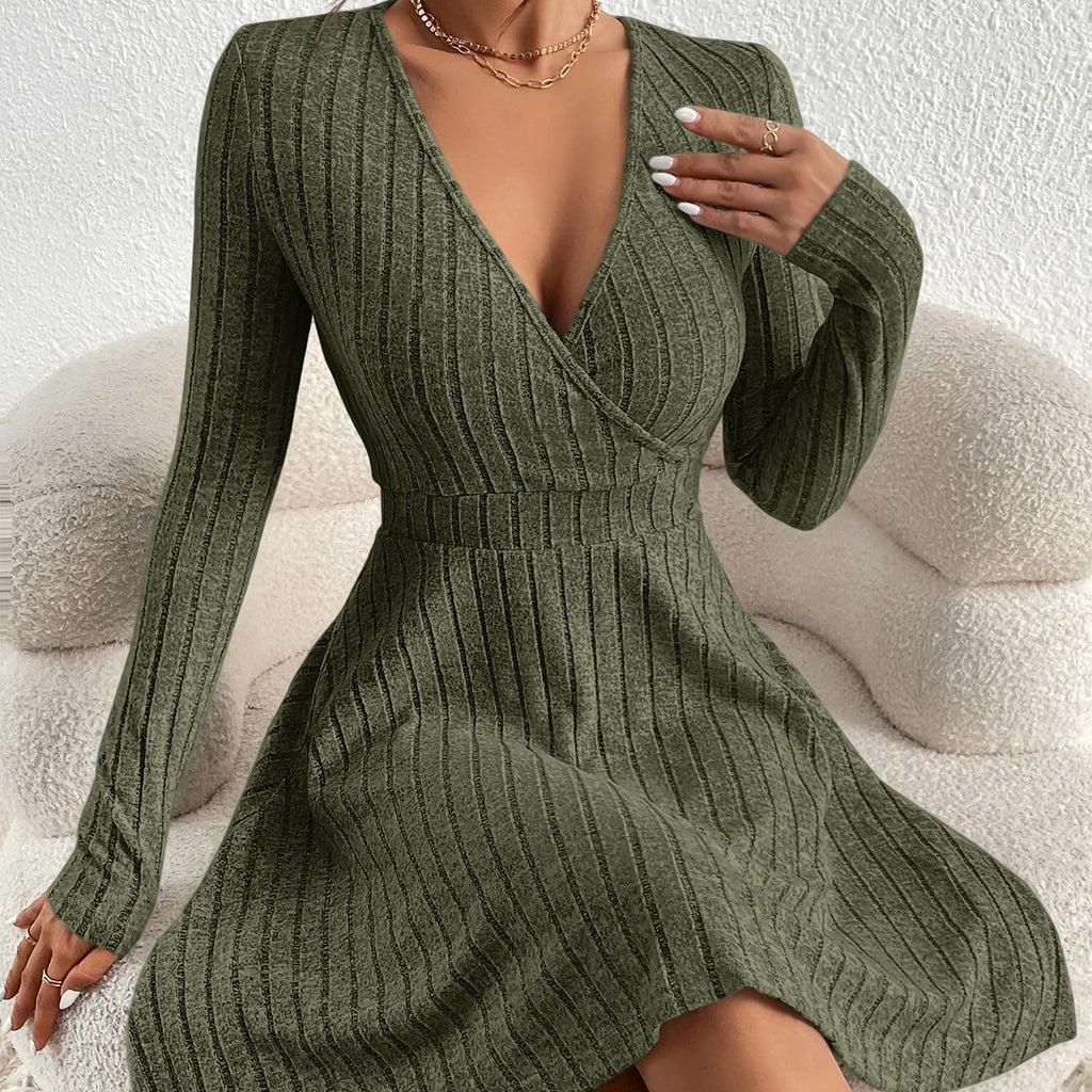 Women's Slim Fit V-Neck Long Sleeve Knit Dress Autumn/Winter  Sexy Bodycon Sweater Midi Casual Solid Color Dress