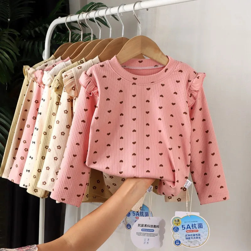 Girls Autumn Floral Bottoming Shirt Girls Flying Sleeves T-shirt Little Girl Wild Net Red Baby Kids Bottoming Shirt