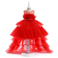 Red Puffy Tulle Flower Girls Dress Trailing First Communion Party Dresses For Girl Children Costume Princess Birthday Clothes