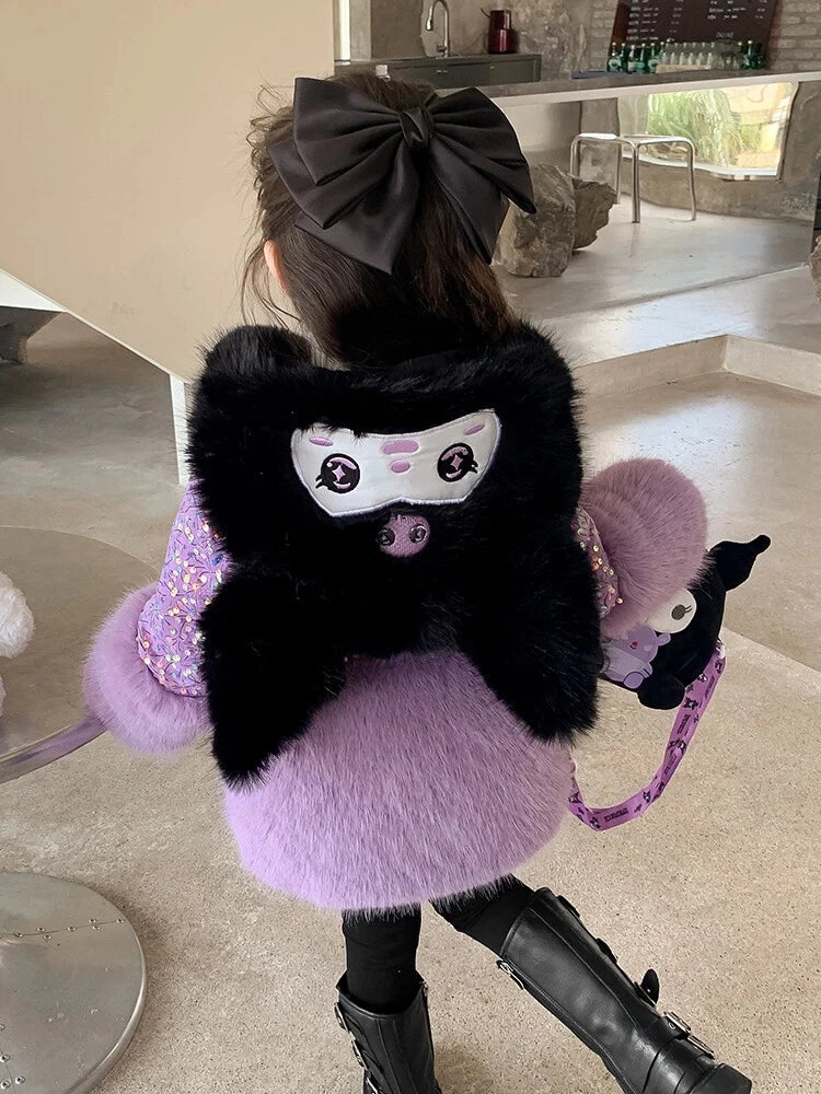 Cute Stellalous Kuromi Girl Fur Coat Plush Jacket Fashion Hooded Padded Jacket Winter New Teen Thicken Warmth Fur Coat Outerwear