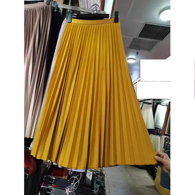 2024 Women Elegant Pleated Skirt High Waist Women Mid-long Skirt Female Ladies High Quality Women Midi Skirt Black Saia