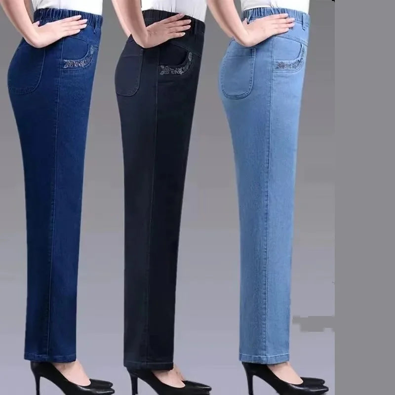 Middle aged elderly Women's Jeans Embroidered Pockets Elastic waist Mom Pants Casual Denim Straight leg Trousers 2025 New Spring