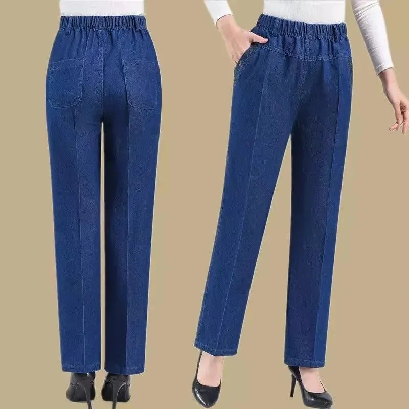 Middle aged elderly Women's Jeans Embroidered Pockets Elastic waist Mom Pants Casual Denim Straight leg Trousers 2025 New Spring