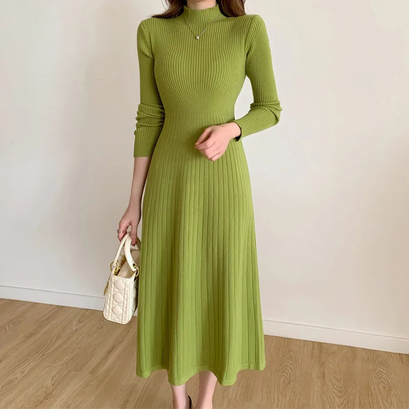 Long Knitted Dress Women Winter Sweater Dress Female Elegant Slim Long Sleeve Knee Length Dress Ladies Warm Office Dresses
