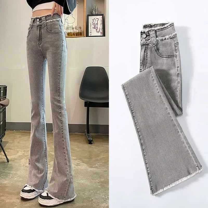 Women Spring Autumn High Waist Slimming Flared Jeans Straight Leg Loose Fit Long Pants Casual Comfortable Denim Trousers